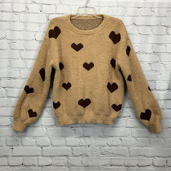 Unbranded Sweaters - Heart Print Sweater Women's Size M Tan/Brown Valentines Comfy Cozy Love Travel